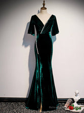Dark Green Mermaid Velvet Short Sleeve V-neck Prom Dress